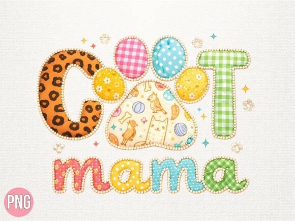 Cute Cat Mama Faux Embroidery Design PNG